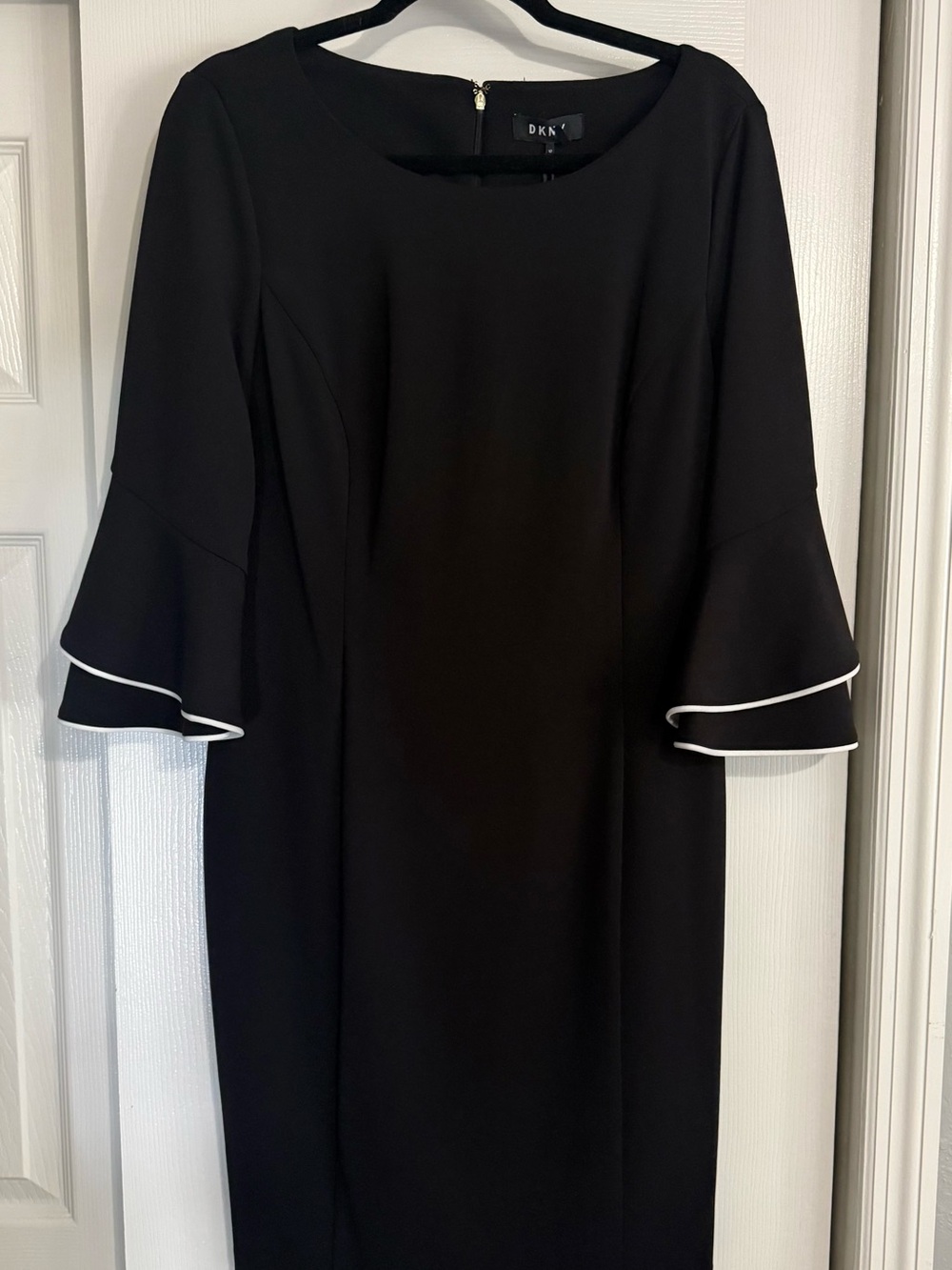 Dkny Black Midi Sheath Dress with White Trim Bell Sleeves